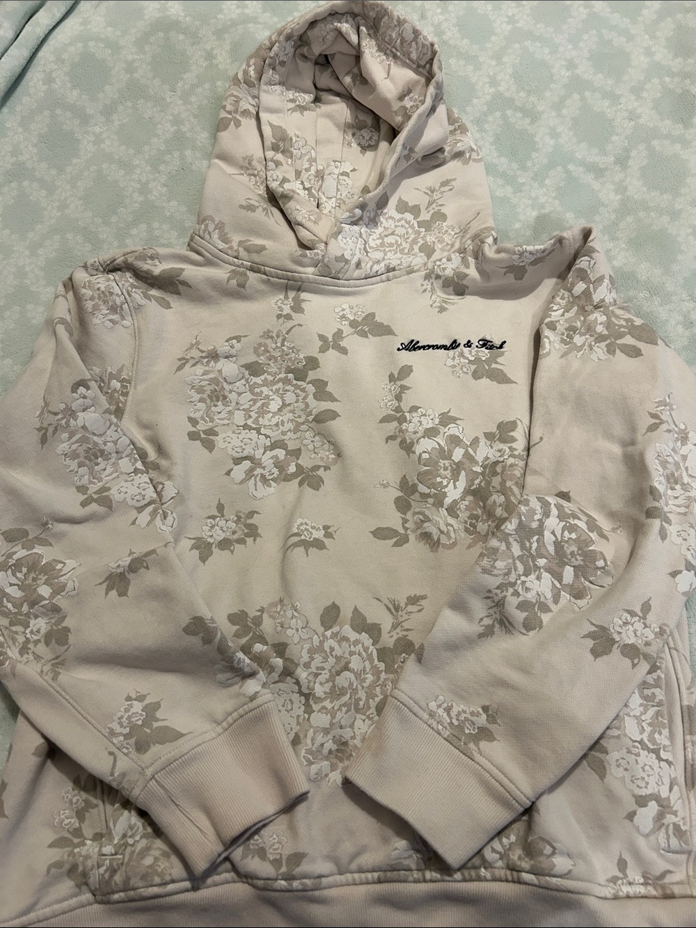 Abercrombie & Fitch Beige Floral Hooded Sweatshirt with Ivory Blooms